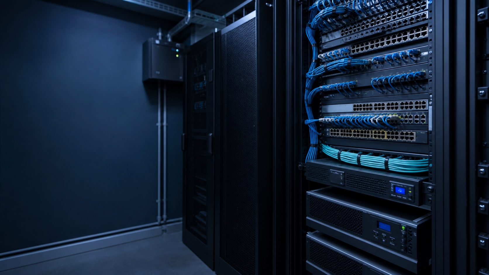 Infraestrutura de rede empresarial organizada em rack