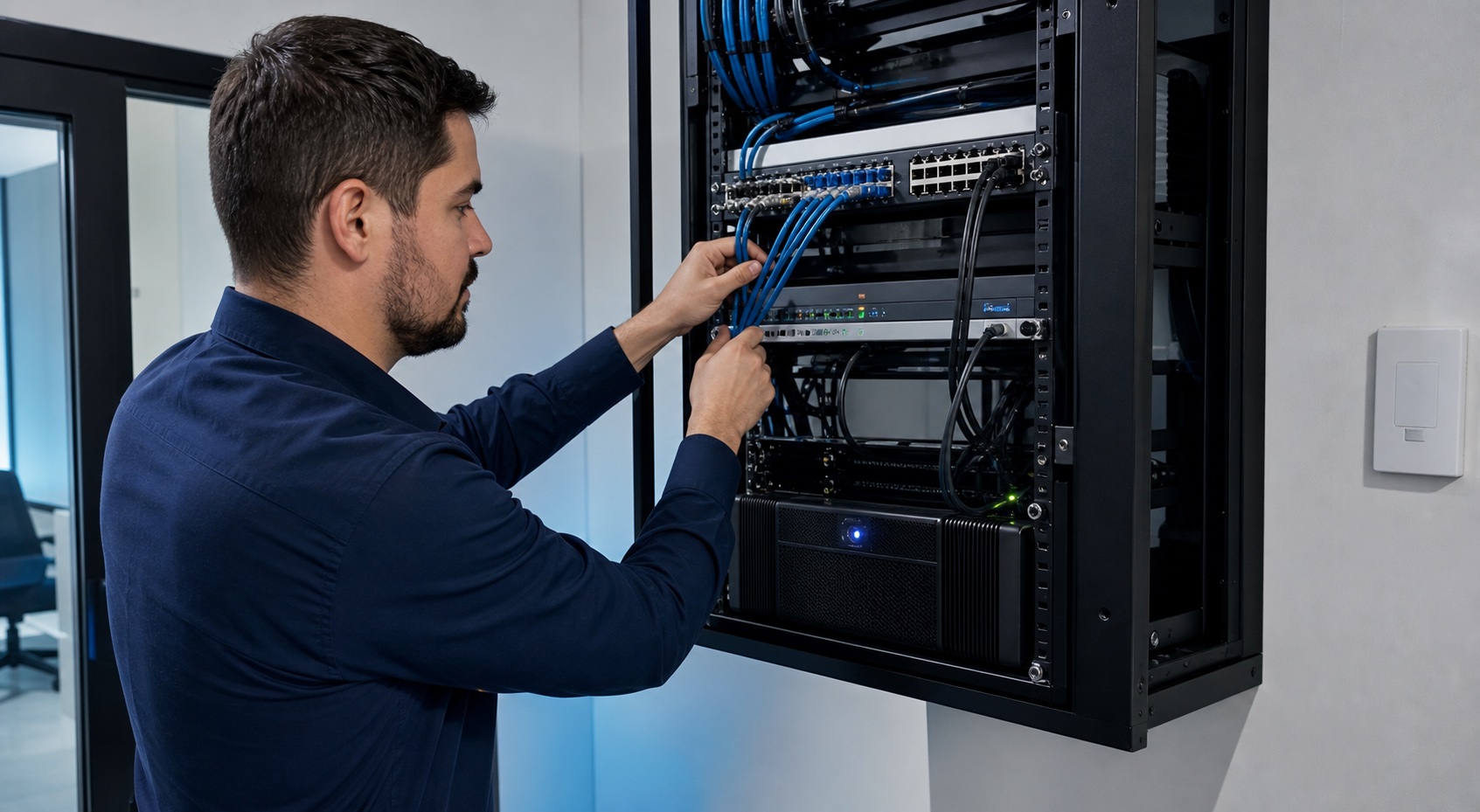 Técnico organizando a infraestrutura de um rack de rede