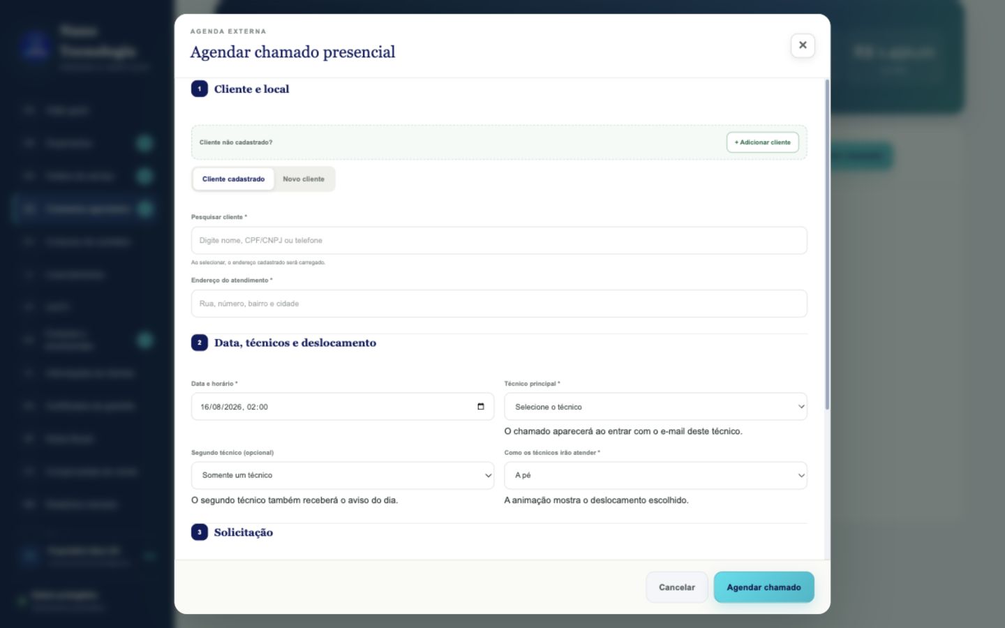 Tela demonstrativa do sistema de agendamento do Nano OS sem dados de clientes